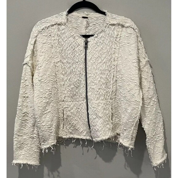 Free People Jacket Womens XS White Fringe Knit Boho Zip Favorite Crush Cardigan - Picture 1 of 9